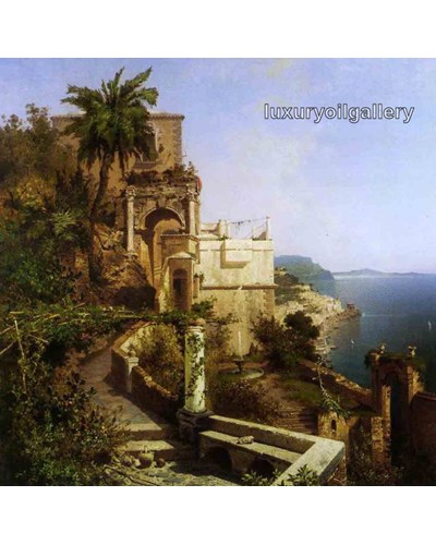 ציור שמן מבנה עתיק על צלע הר צופה לים